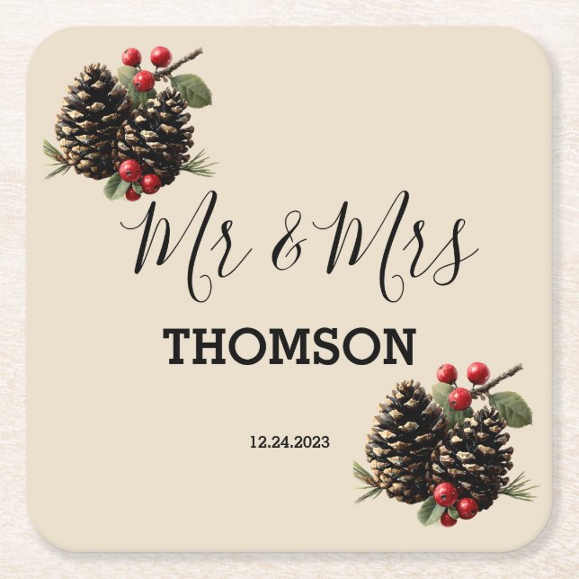 Winter Pinecones & Berries Family Throw Pillow Underlägg Papper Kvadrat (Framsidan)