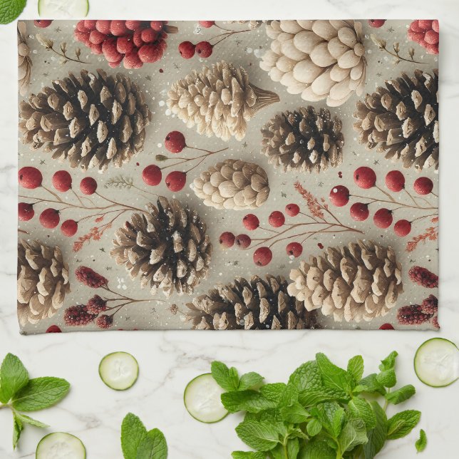 Winter Pinecones och Red Berries Kökshandduk (Vikta)