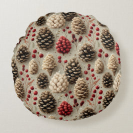 Winter Pinecones och Red Berries Rund Kudde