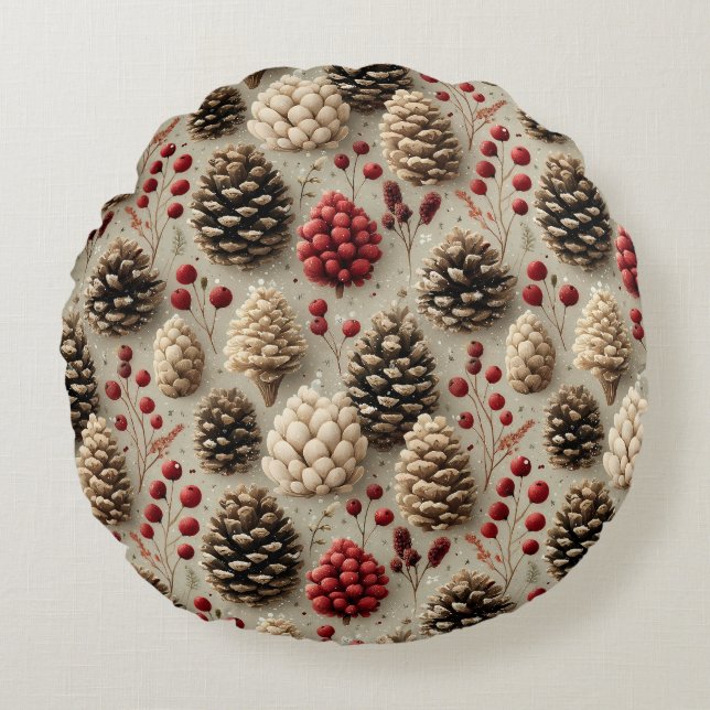 Winter Pinecones och Red Berries Rund Kudde (Framsidan)