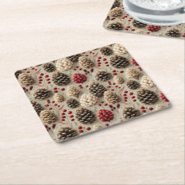Winter Pinecones och Red Berries Underlägg Papper Kvadrat