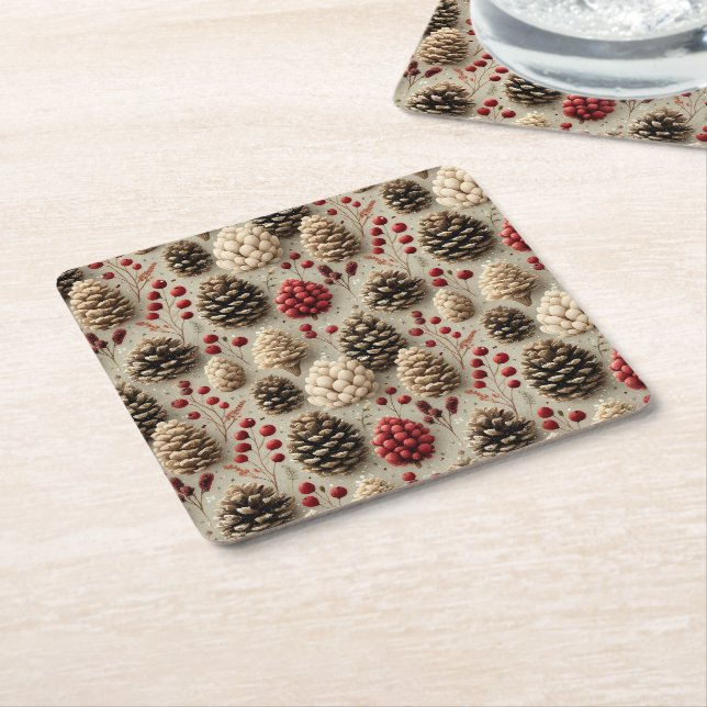 Winter Pinecones och Red Berries Underlägg Papper Kvadrat (Vinklad)