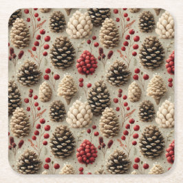 Winter Pinecones och Red Berries Underlägg Papper Kvadrat