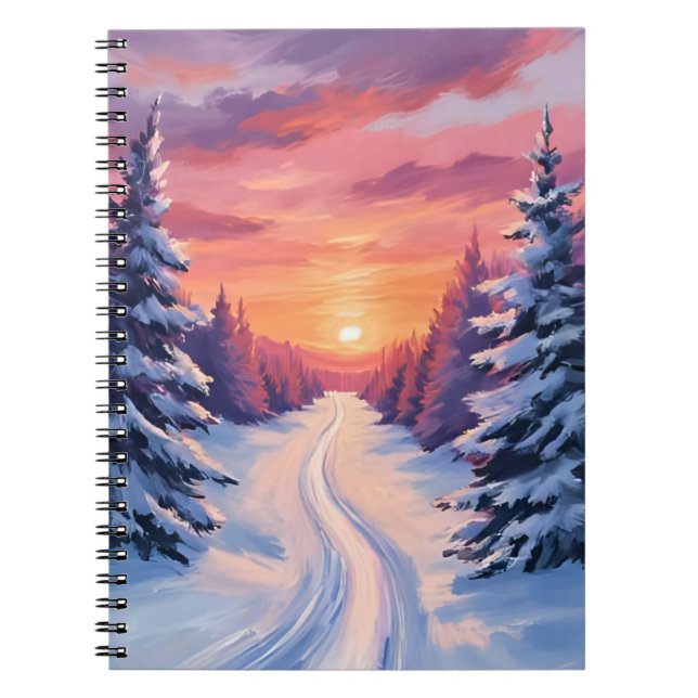 Winter Pinescape Sunset | Pastel Watercolor Anteckningsbok (Framsidan)