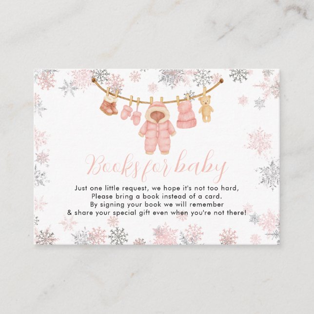 Winter Pink Girl Baby Shower Snow Books for Baby Tilläggskort (Framsida)