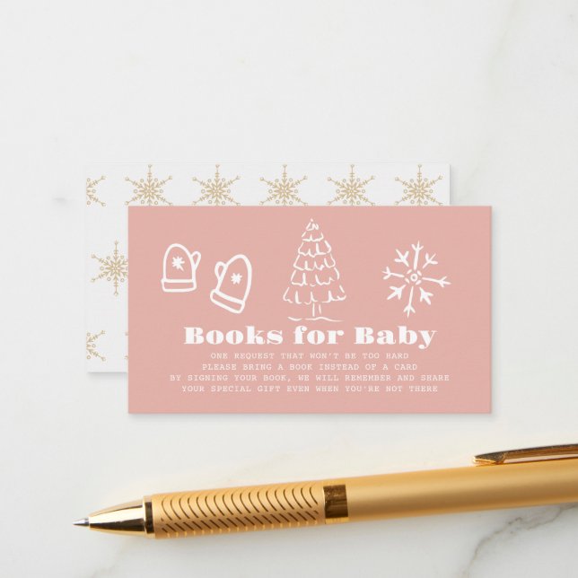 Winter Pink Hand-Drawn Baby Shower Book Request Tilläggskort (Fram/Back In Situ)