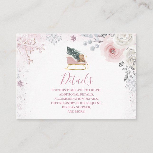 Winter Pink Snowflake Sleigh Baby Shower Details Tilläggskort (Framsida)