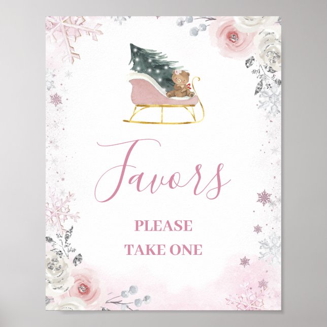 Winter Pink Snowflake Sleigh Baby Shower Favors Poster (Framsidan)