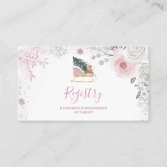 Winter Pink Snowflake Sleigh Baby Shower Registry Tilläggskort (Framsida)