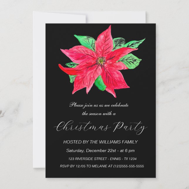Winter Poinsettia jul Party Watercolor Julkort (Framsida)