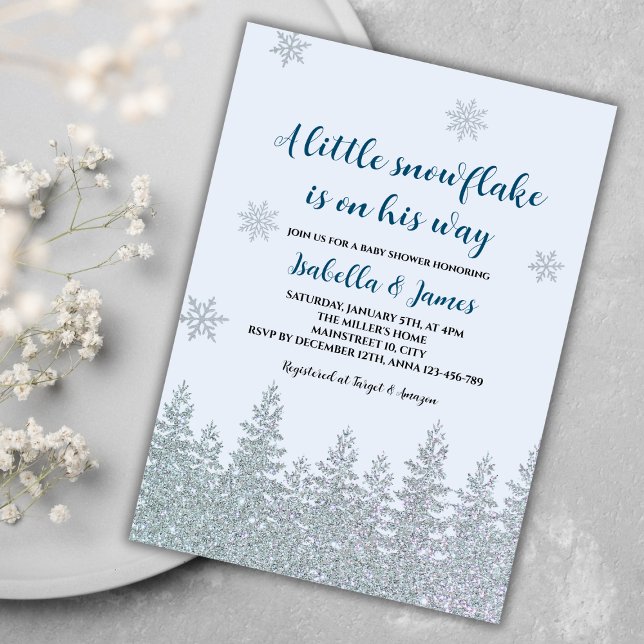 Winter Pojke Shower Woodland Little Snowflake Inbjudningar (winter baby boy shower invitation blue woodland silver glitter little snowflake on the way)