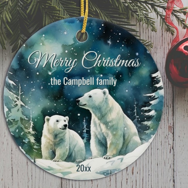 Winter Polar Bears Merry Christmas Family Name Julgransprydnad Keramik (Skapare uppladdad)