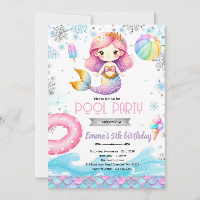 Winter pool mermaid party invitation inbjudningar (Framsida)
