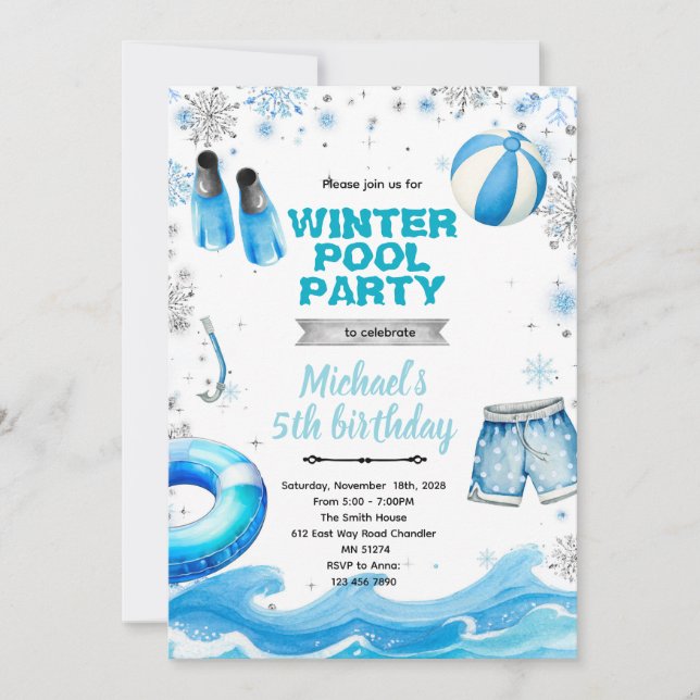 Winter pool party theme invitation inbjudningar (Framsida)