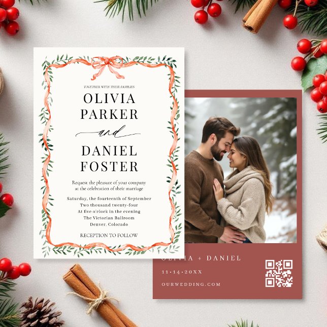 Winter QR Code Photo Red Ribbon & Bow Wedding Inbjudningar (Skapare uppladdad)