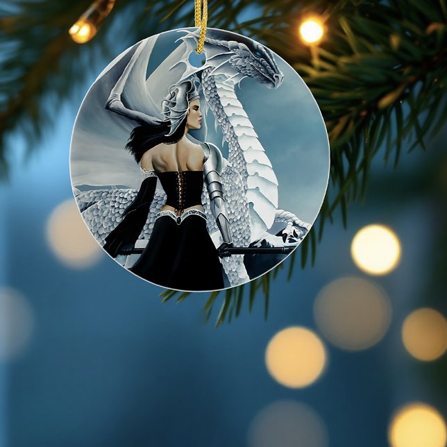 Winter Queen White Dragon Fantasy Julgransprydnad Keramik (Skapare uppladdad)