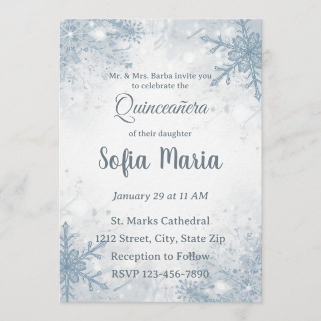 Winter Quinceañera Invitation – Snowflakes, Silver Inbjudningar (Framsida)