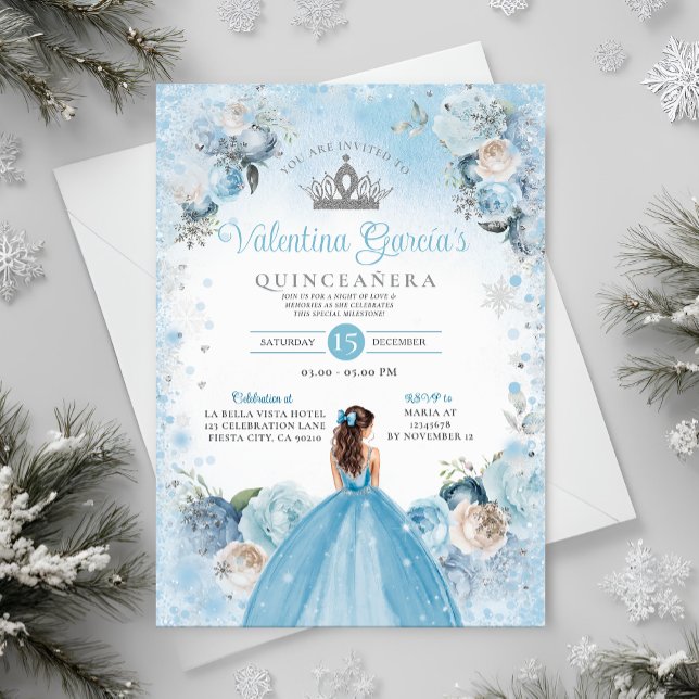 Winter Quinceañera Snöflingor Dusty Blue Krona Inbjudningar (Skapare uppladdad)