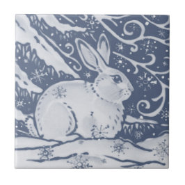 Winter Rabbit Hare Snö Denim Blue Dedham Delft Kakelplatta