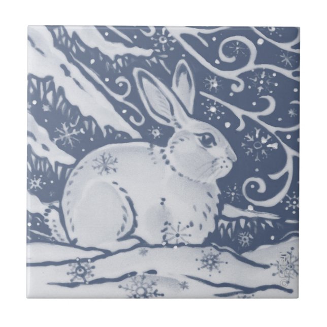 Winter Rabbit Hare Snö Denim Blue Dedham Delft Kakelplatta (Framsidan)