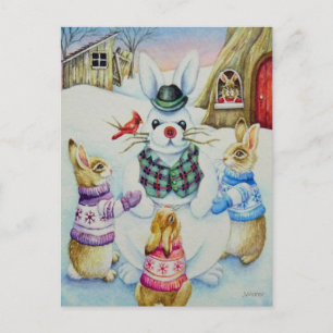 Winter Rabbits Byggnad Snowbunny Watercolor Art Vykort