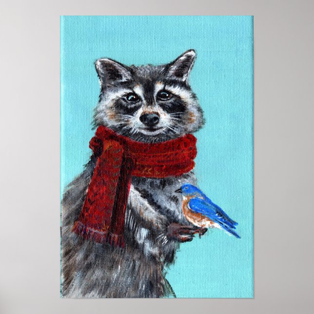 Winter Raccoon med Bluebird Poster (Framsidan)