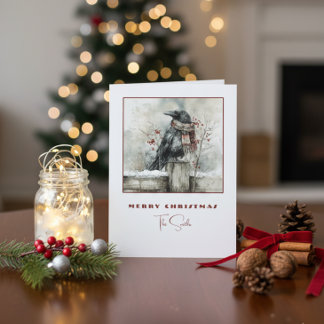 Winter Raven Crow Christmas Card with Cozy Scarf Helgkort