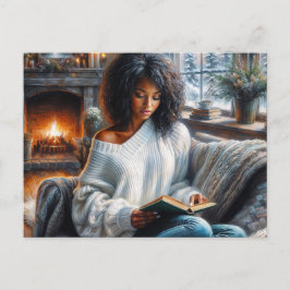 Winter Reading Black Woman Cozy Art Vykort
