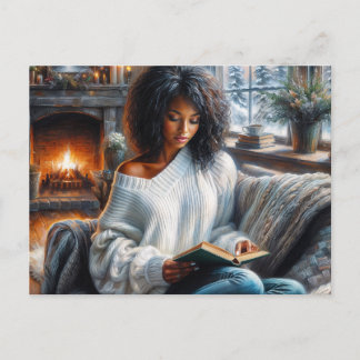 Winter Reading Black Woman Cozy Art Vykort