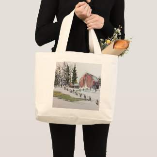 Winter Red Barn Tote Bag bläck med vattenfärg Jumbo Tygkasse