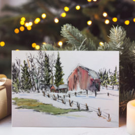 Winter Red Barn Watercolor liggande Julkort