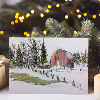 Winter Red Barn Watercolor liggande Julkort