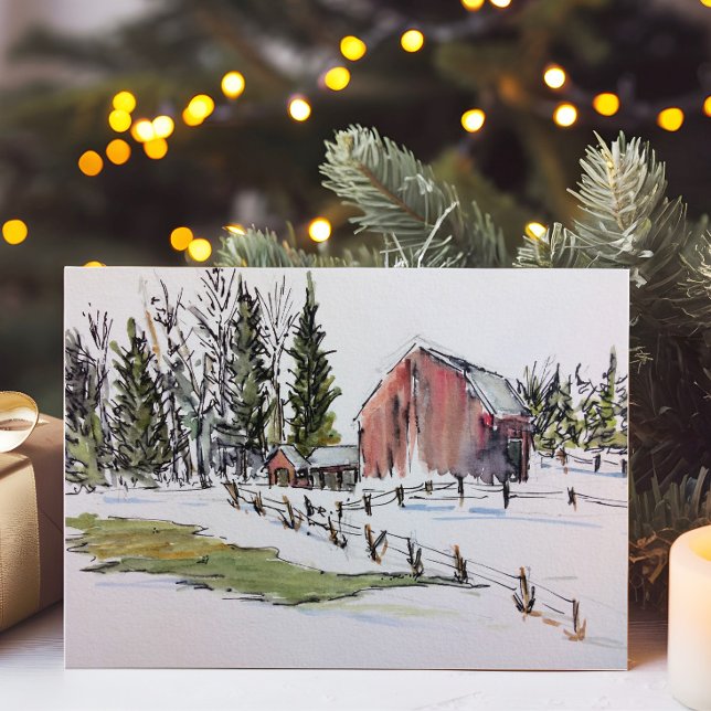 Winter Red Barn Watercolor liggande Julkort (Skapare uppladdad)