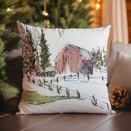 Winter Red Barn Watercolor liggande Kudde