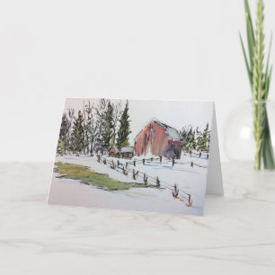 Winter Red Barn Watercolor liggande Tack Kort