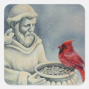 Winter Red Cardinal Bird San Francis Watercolor Ar Fyrkantigt Klistermärke