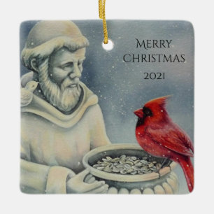 Winter Red Cardinal Bird St Francis Watercolor Art Julgransprydnad Keramik