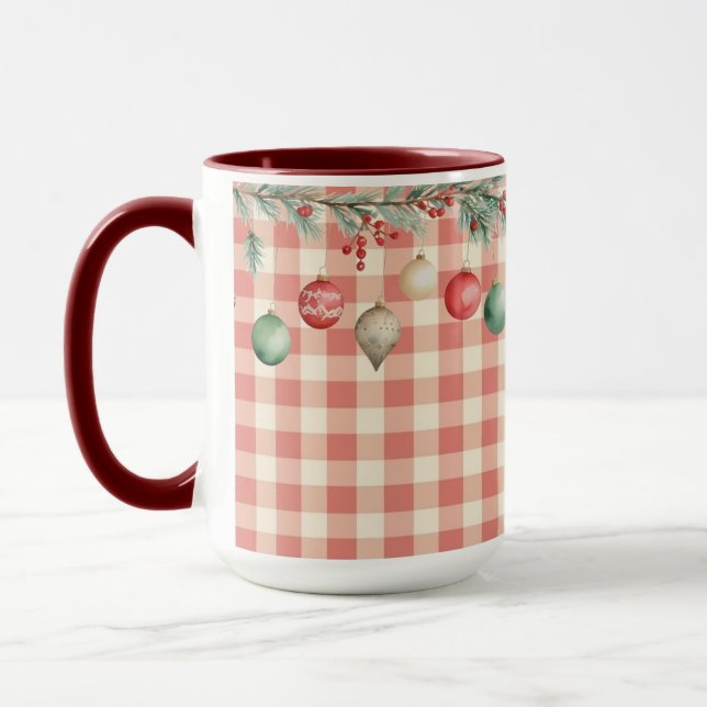 Winter Red Christmas gingham with ornaments Mugg (Vänster)