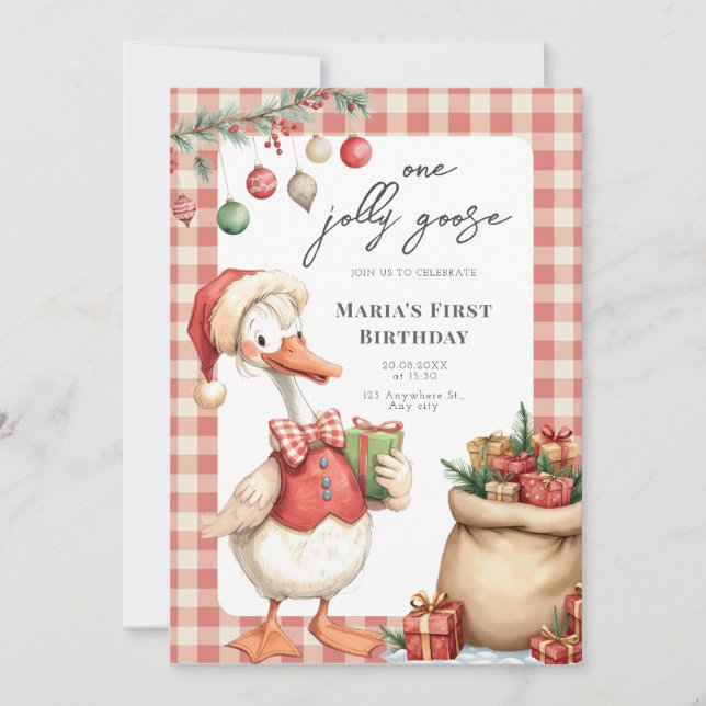 Winter Red Christmas Silly Goose  1st birthday Inbjudningar (Framsida)