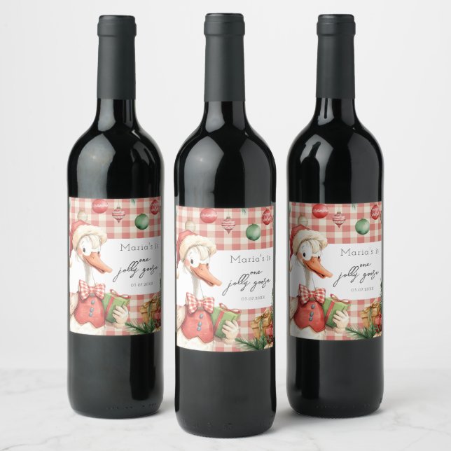 Winter Red Christmas Silly Goose  1st birthday Vinflaska Etikett (Flaskor)