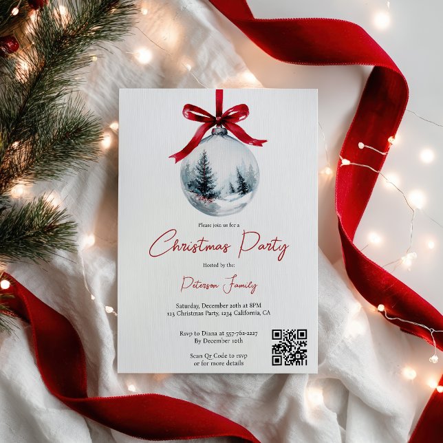 Winter Red Coquette Bow Ribbon QR jul Party Inbjudningar (Winter Red Coquette Bow Ribbon QR Christmas Party Invitation)
