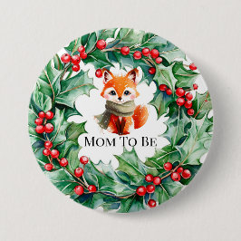 Winter Red Fox Grönt och Berries Baby Shower Knapp