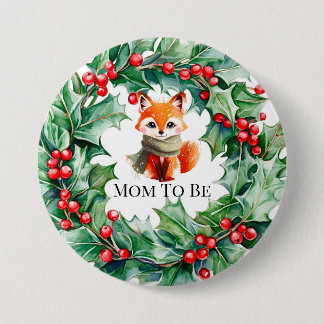 Winter Red Fox Grönt och Berries Baby Shower Knapp