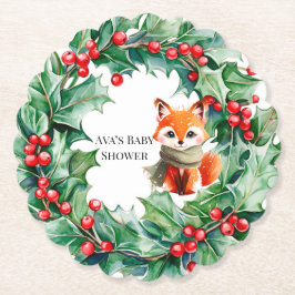 Winter Red Fox Grönt och Berries Baby Shower Underlägg Papper