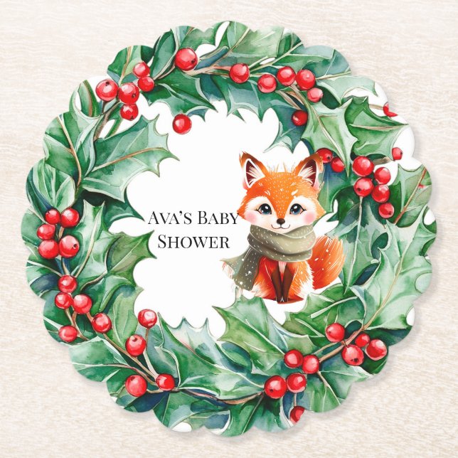 Winter Red Fox Grönt och Berries Baby Shower Underlägg Papper (Framsida)