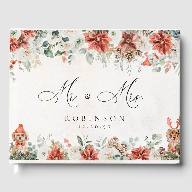 Winter Red Greenery Pinecone Bröllop Guest Bok (Framsida)