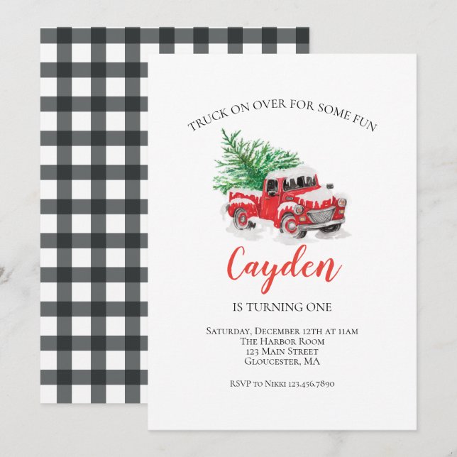 Winter Red Lastbil första födelsedag Inbjudningar (Fram/baksida)