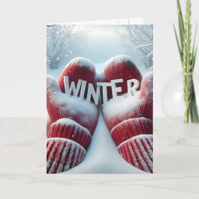 Winter Red Mittens med Snöflingor Kort (Framsida)