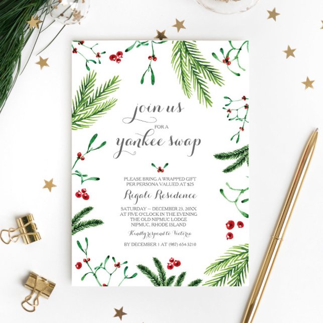 Winter Red och Grönt Gräs Berries jul Party Inbjudningar (Yankee swap invitations )