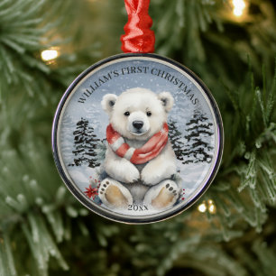 Winter Red Scarf Polar Bear Baby Första jul Julgransprydnad Metall